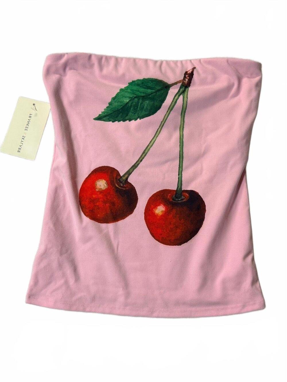 Pink Cherry Tube Top Strapless Y2K Coquette Graphic Summer Crop Tank Top Small